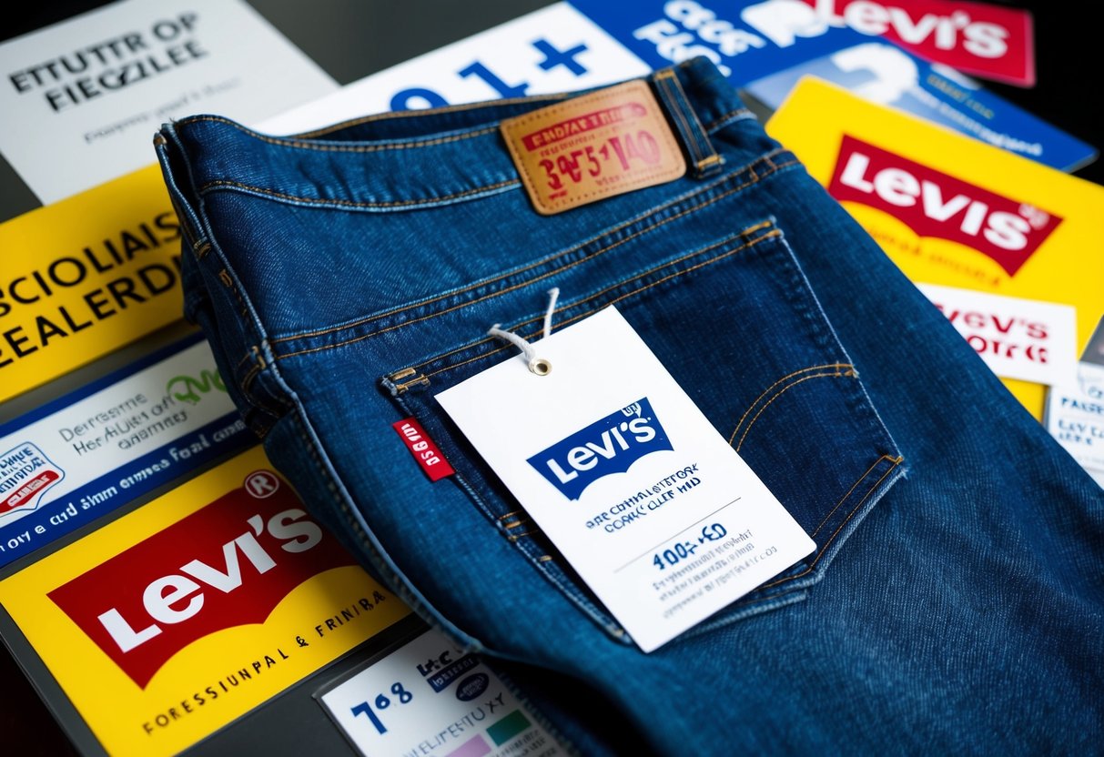A pair of Levi's jeans with a visible discount tag, surrounded by promotional materials and signage