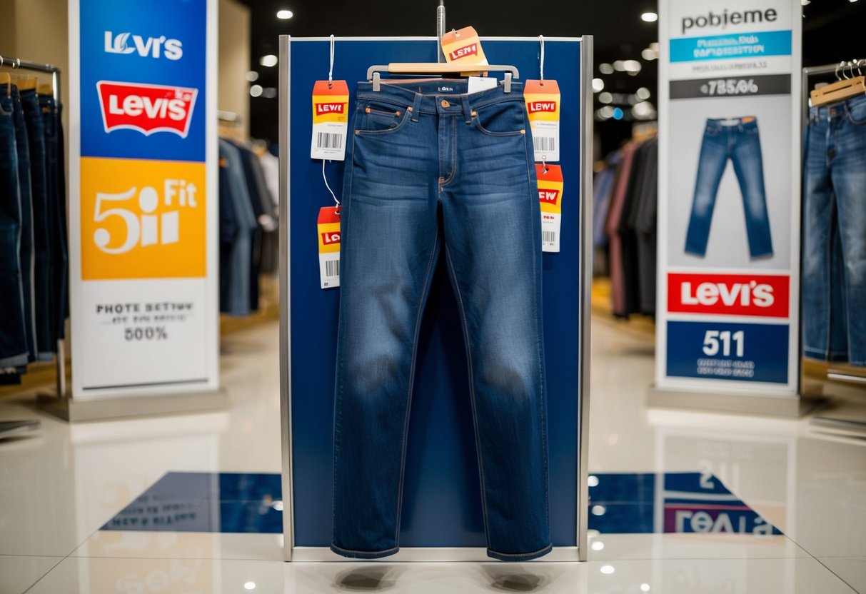 A pair of Levi's 511 Slim Fit jeans on sale, surrounded by promotional signs and tags