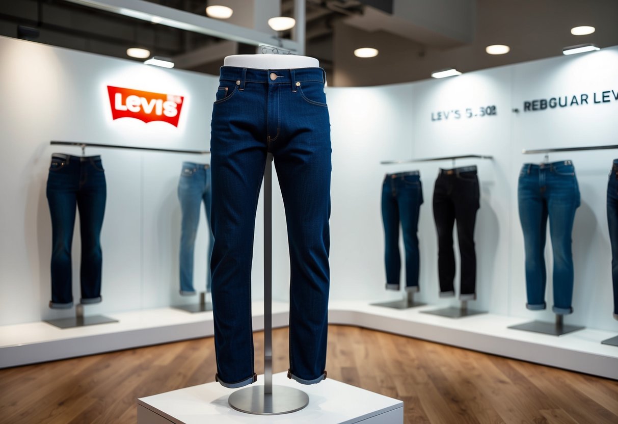 A pair of Levi's 502 Regular Taper jeans displayed on a clean, modern promotional stand with subtle branding