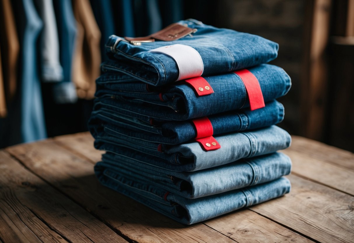 A stack of denim jeans with red tags displayed on a rustic wooden table