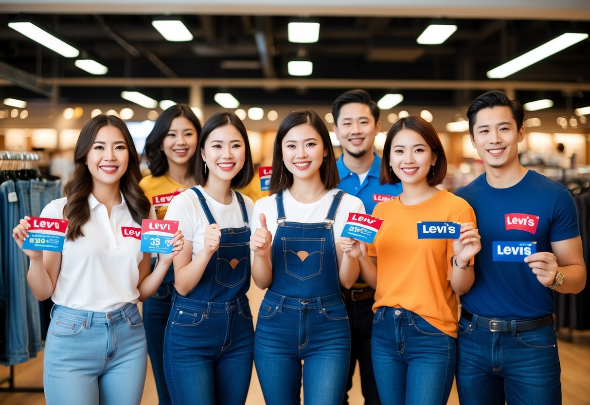 A group of happy customers wearing Levi's clothing, receiving discounts and rewards at a store