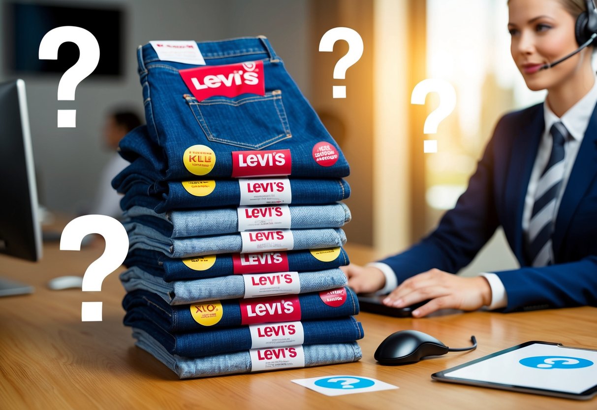 A stack of Levi's jeans with promotional stickers, surrounded by question marks and a customer service representative's headset