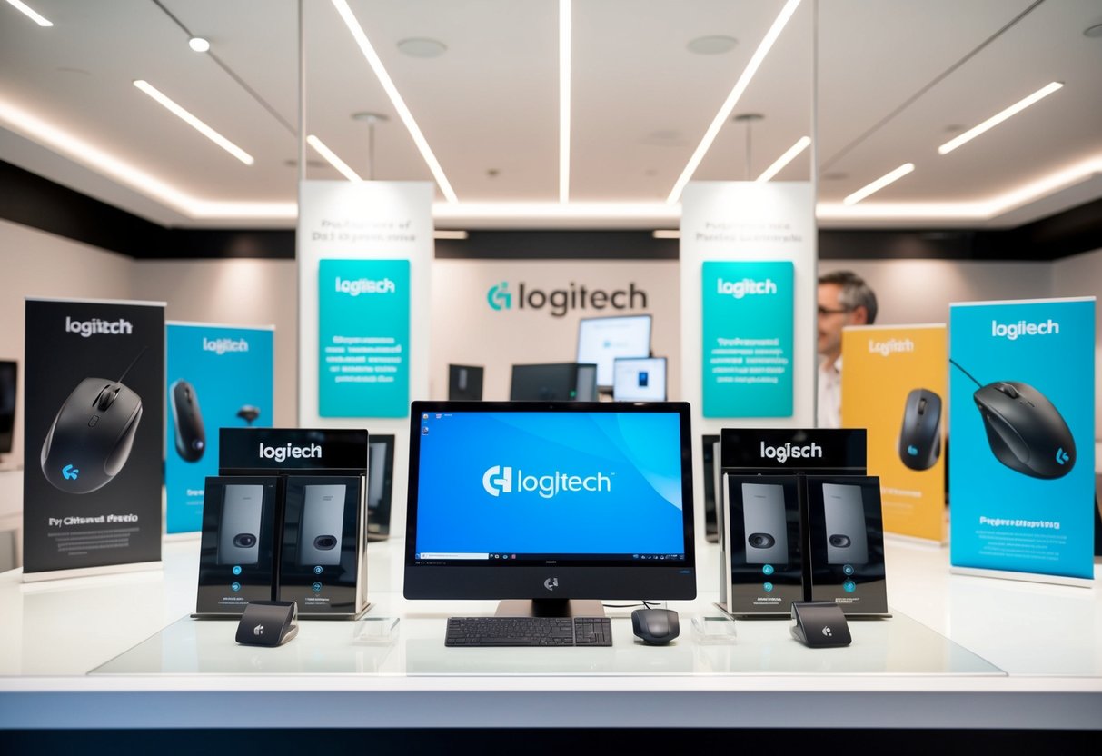 A vibrant display of Logitech products arranged in a sleek, modern setting with bright lighting and eye-catching promotional materials