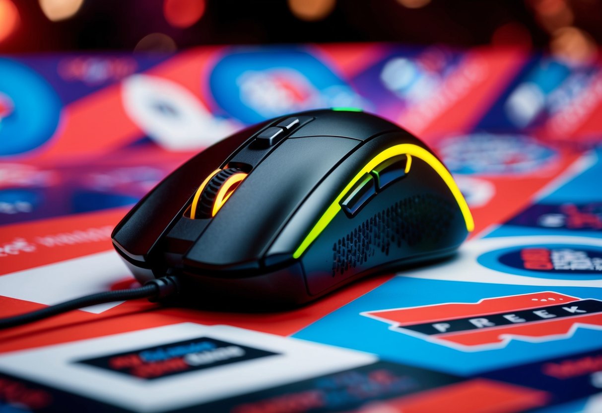 A sleek, modern gaming mouse surrounded by vibrant promotional graphics and logos