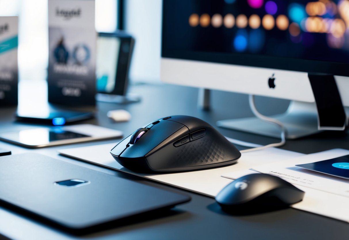 A sleek Logitech MX Master 3S mouse sits on a modern desk, surrounded by promotional materials and sleek technology