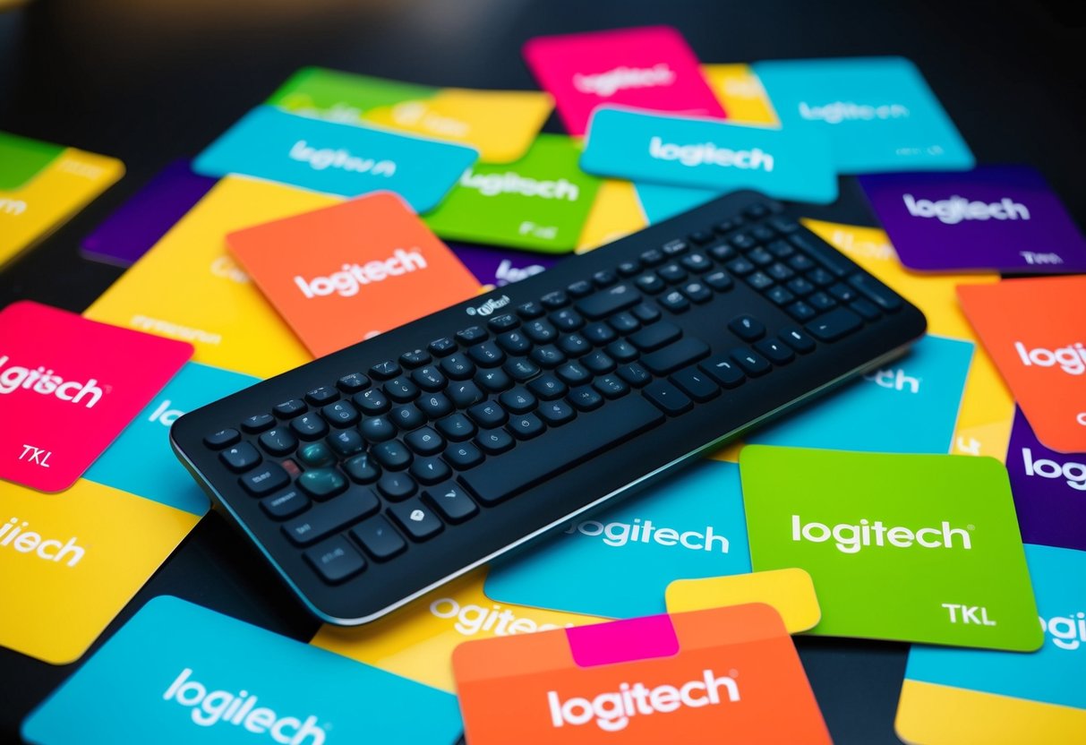 A sleek, compact Logitech G915 TKL keyboard surrounded by vibrant Logitech promotional materials