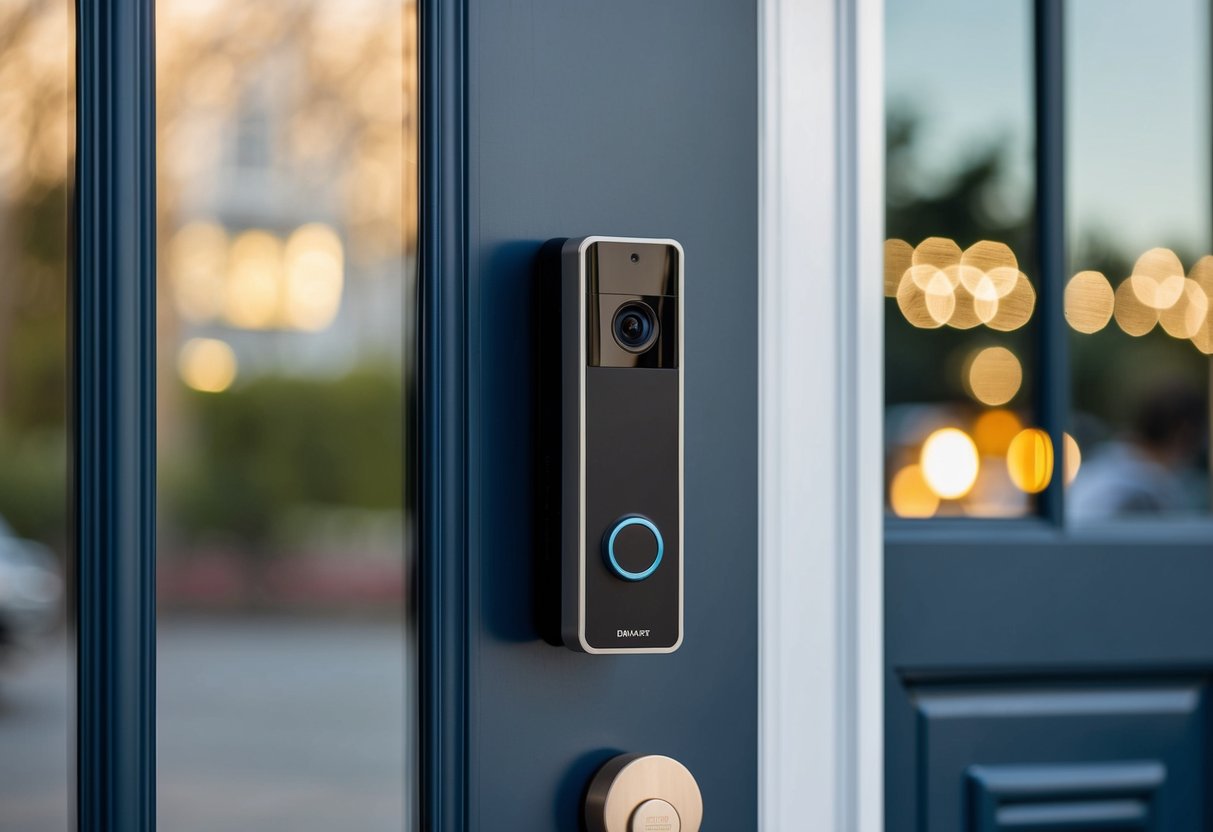 A front door with a sleek, modern doorbell camera installed, capturing the surrounding area