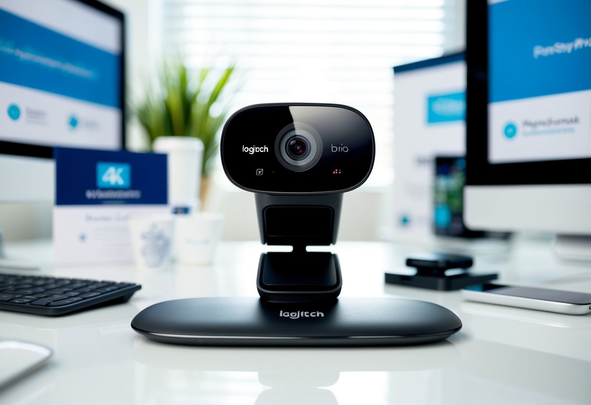 A sleek Logitech Brio 4K webcam sits on a clean, modern desk, surrounded by promotional materials and technology accessories