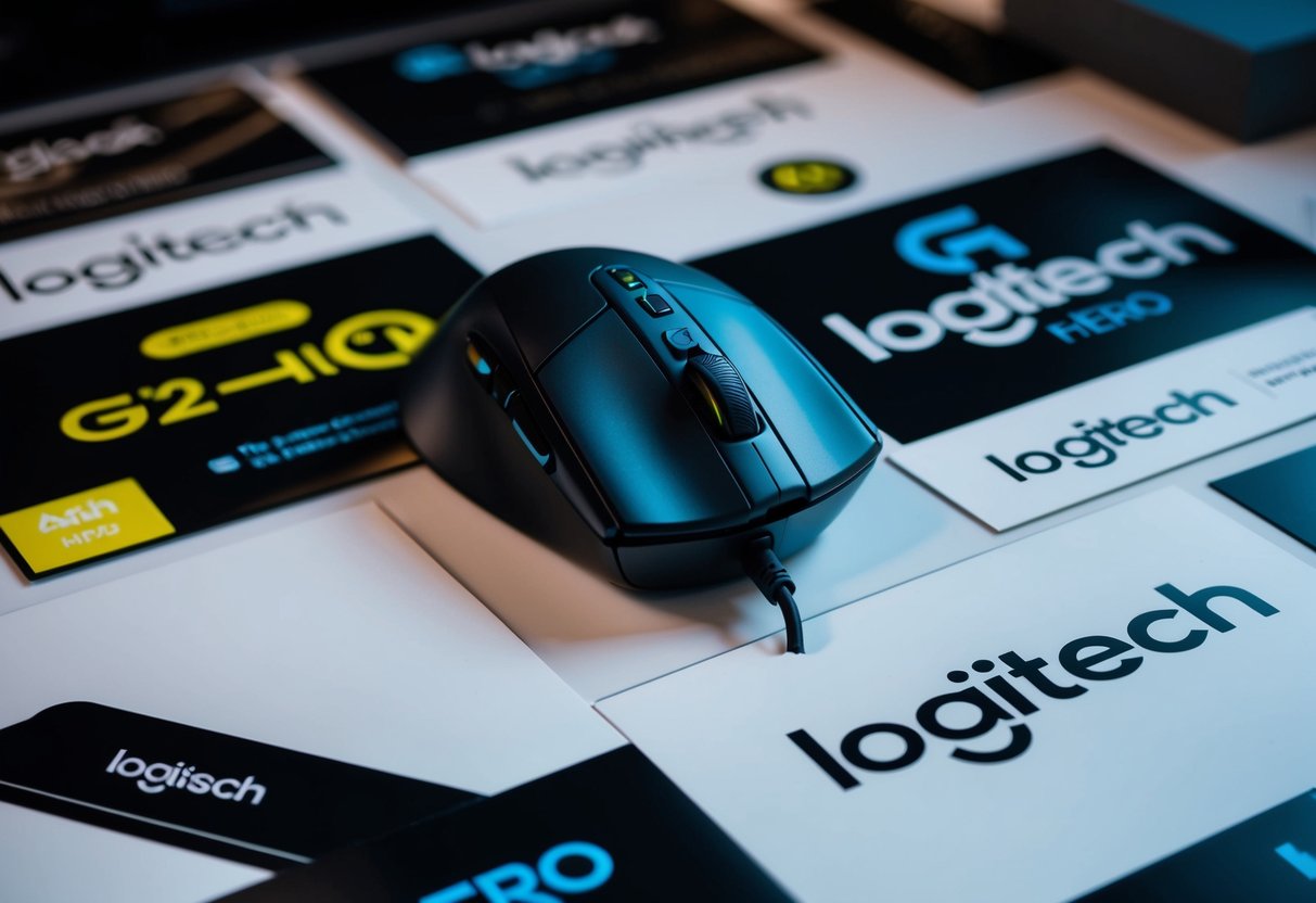 A sleek and modern computer mouse, the Logitech G502 Hero, is surrounded by promotional materials and logos for the brand