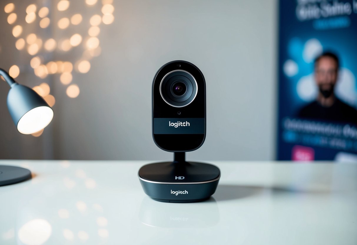 A Logitech C920 HD Pro Webcam sitting on a clean, modern desk with soft lighting and a promotional banner in the background
