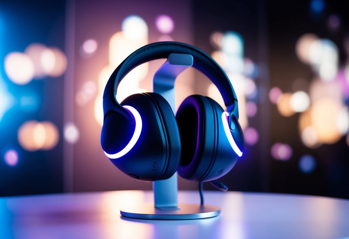 A sleek, modern headset with vibrant LED lights, displayed in a futuristic setting with a technology theme