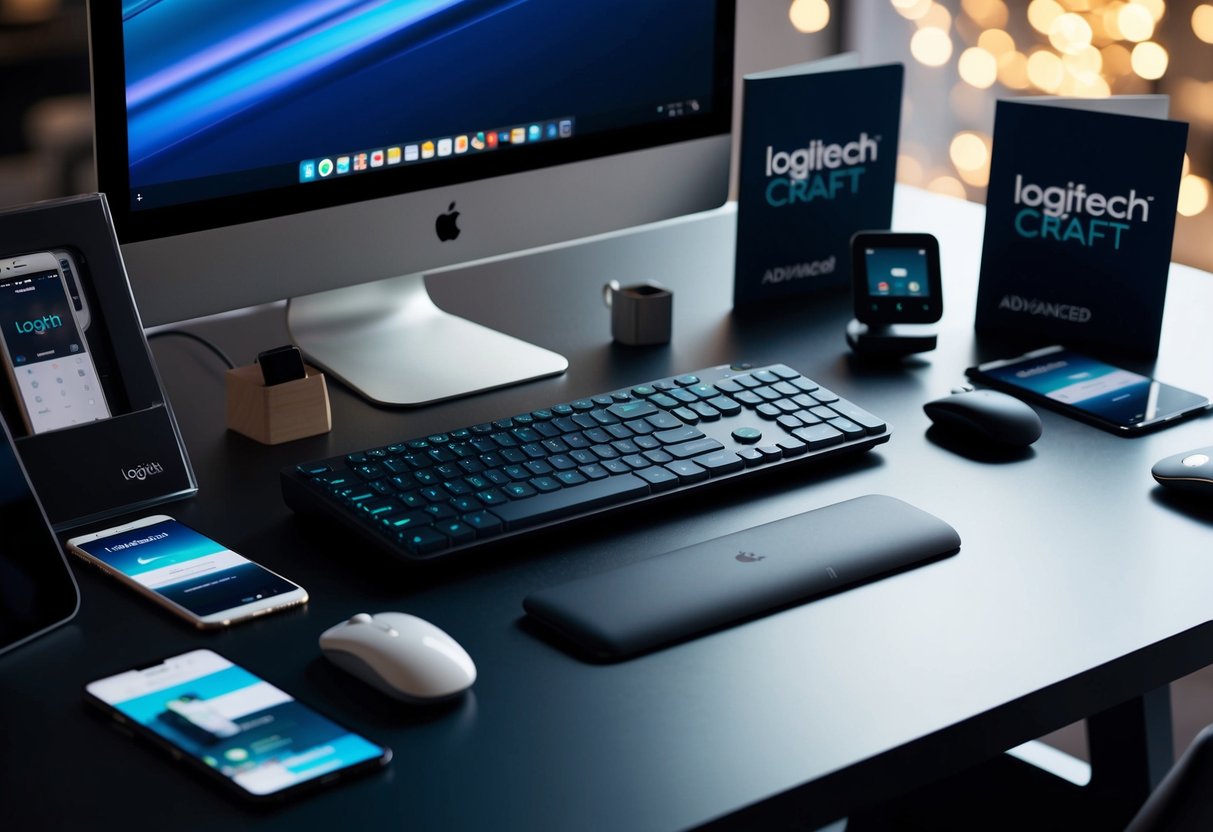 A sleek, modern desk with the Logitech Craft Advanced Keyboard displayed prominently, surrounded by promotional materials and digital devices
