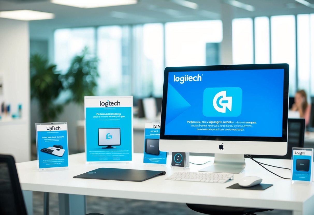 A bright, modern office setting with a display of Logitech products and promotional materials. Bright colors and clean lines convey a sense of professionalism and innovation