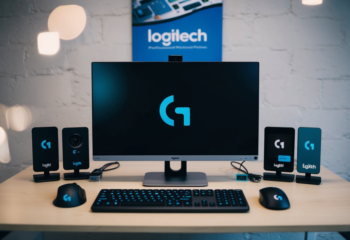 A computer desk with a variety of Logitech products displayed, including keyboards, mice, and webcams. A promotional banner hangs above the products