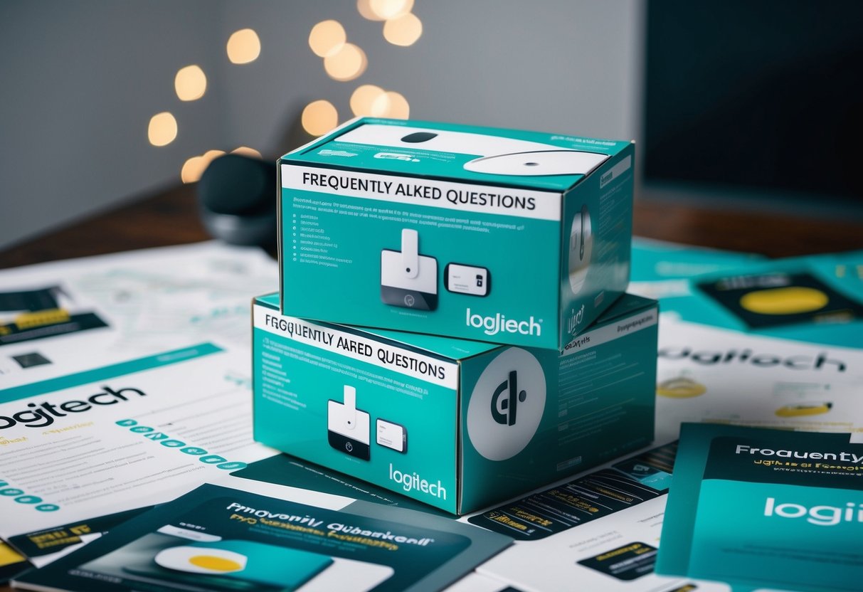 A stack of Logitech product boxes with a "Frequently Asked Questions" section highlighted, surrounded by promotional materials