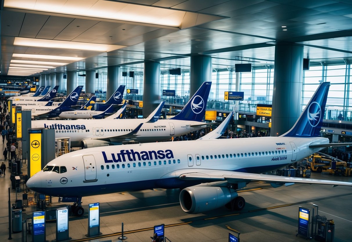 A crowded airport terminal with a Lufthansa airplane parked at the gate, surrounded by promotional banners and signs