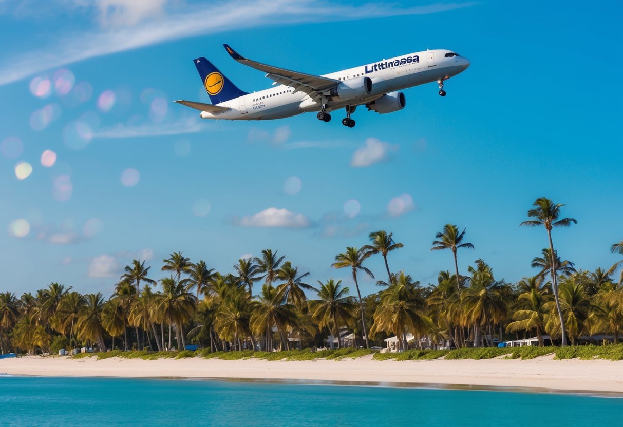A vibrant beach with a Lufthansa plane flying overhead, surrounded by palm trees and a clear blue sky