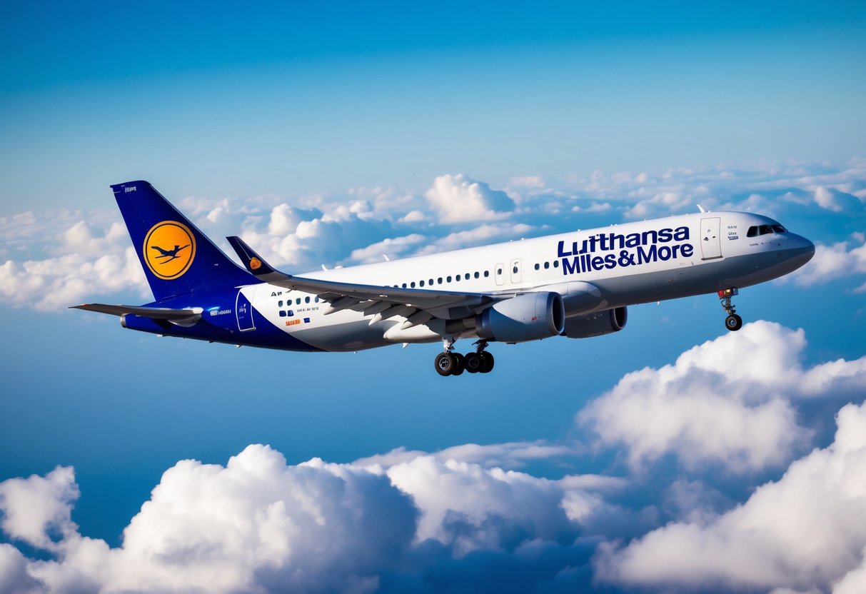A Lufthansa airplane flying through a clear blue sky, surrounded by clouds, with the Miles & More logo prominently displayed on the tail