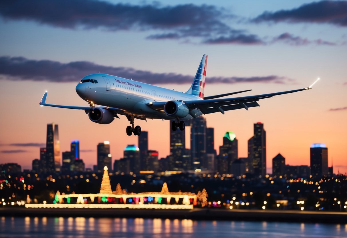 An airplane flying over a festive city skyline with holiday lights and decorations
