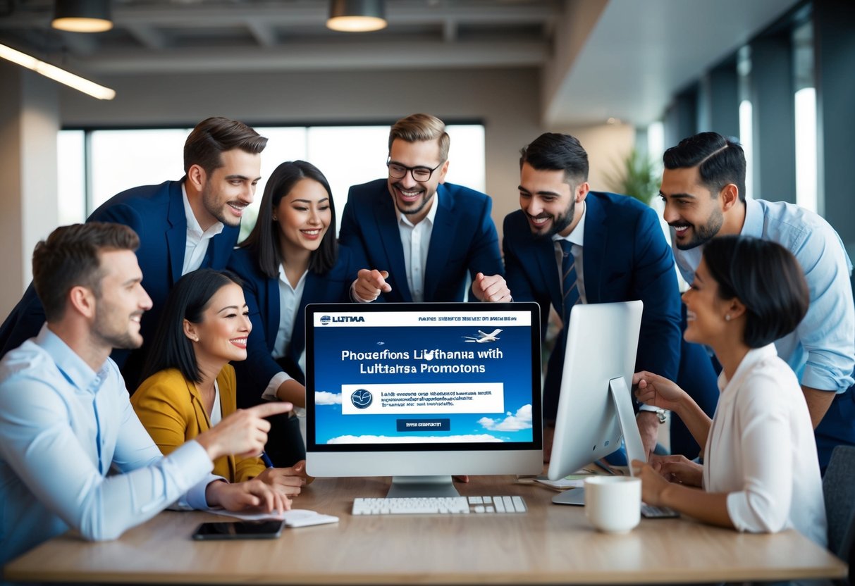A group of people gather around a computer, excitedly planning their trip with Lufthansa promotions. They discuss potential destinations and savings opportunities