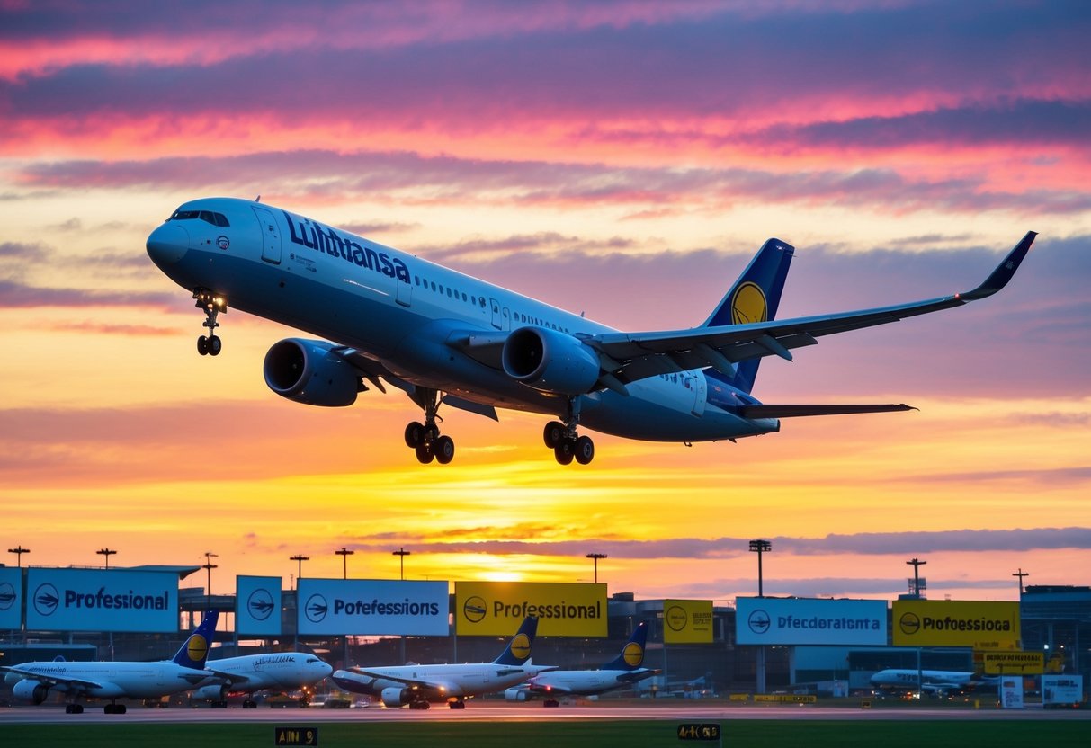 A colorful sunrise over an airport with a Lufthansa plane taking off, surrounded by promotional banners and signs