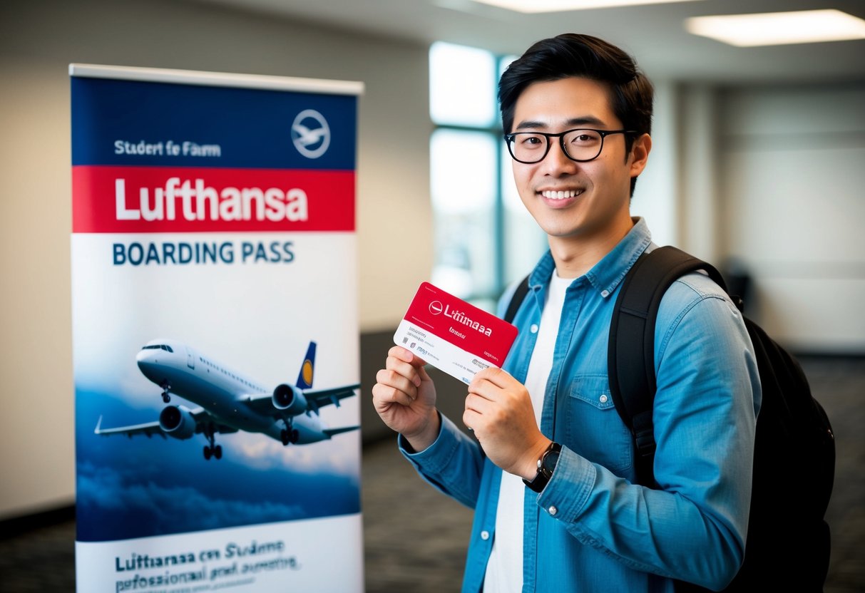A student holding a Lufthansa boarding pass, with a promotional banner in the background
