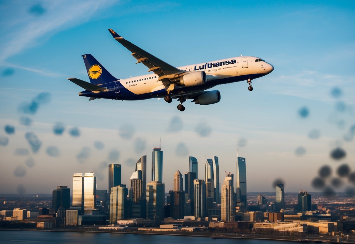 A Lufthansa airplane flying over a city skyline with a banner promoting Lufthansa promotions in the sky