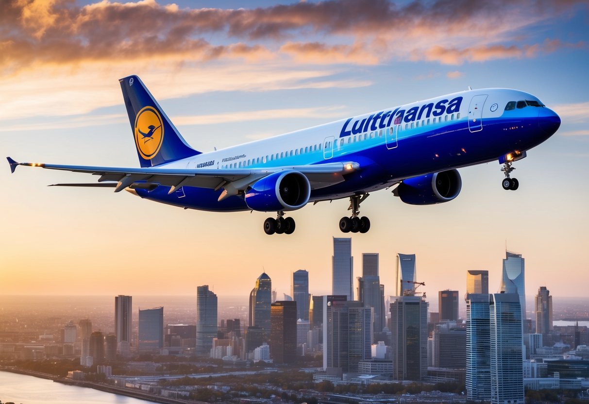 A vibrant airplane soaring above a city skyline, with a banner displaying "Lufthansa Promotions" in the sky