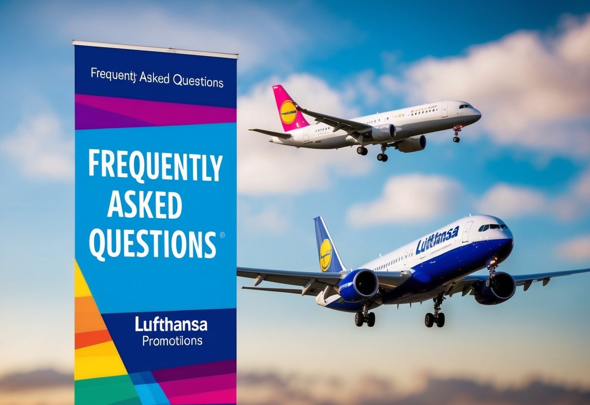 A colorful banner displaying "Frequently Asked Questions" and "Lufthansa Promotions" with a plane flying in the background