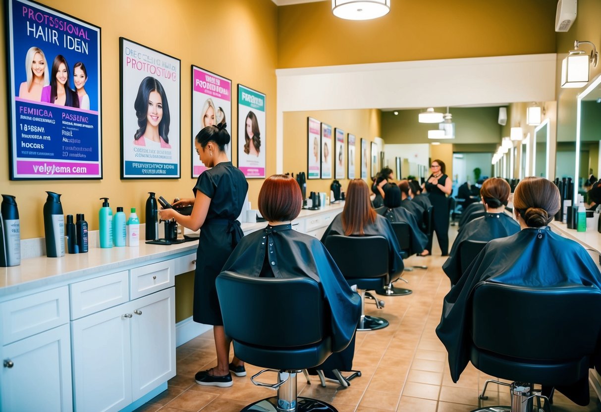 A busy hair salon with colorful promotional posters, a welcoming front desk, and clients receiving various hair treatments