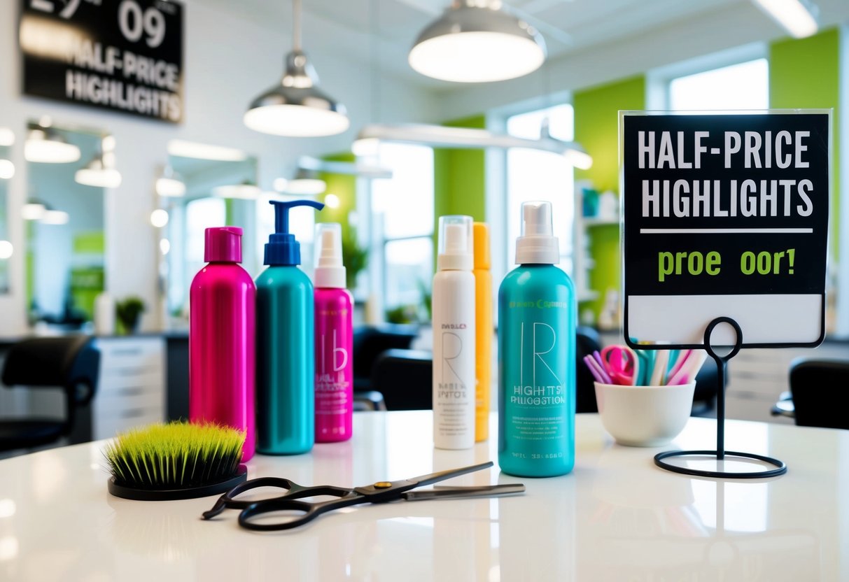 A brightly lit salon with colorful hair products, scissors, and a sign advertising "Half-price Highlights" promotions