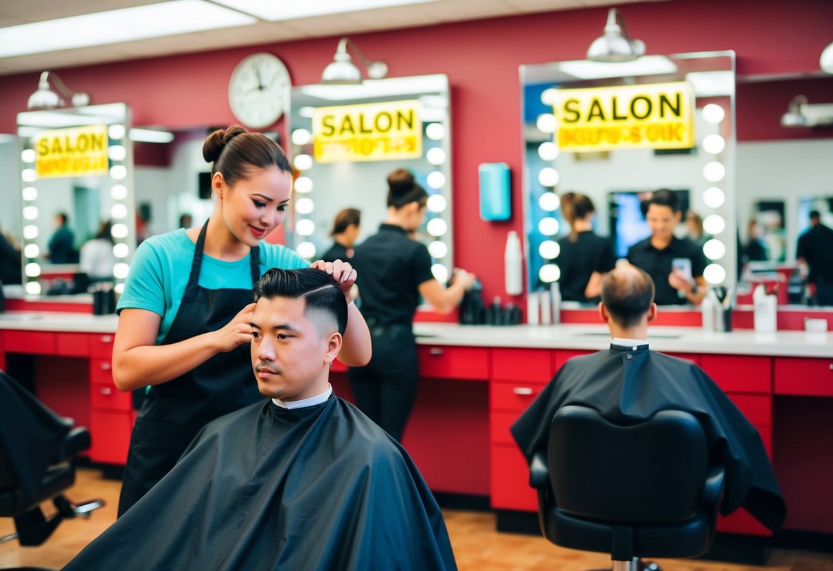 A bustling salon with colorful signage and people getting haircuts