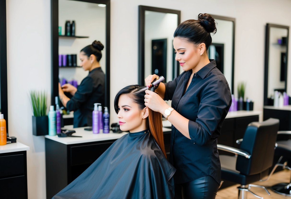 A hairstylist cutting and coloring a client's hair in a salon chair, with shelves of hair products and tools in the background