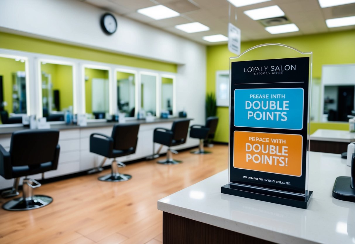 A hair salon with a loyalty card display and a sign promoting double points