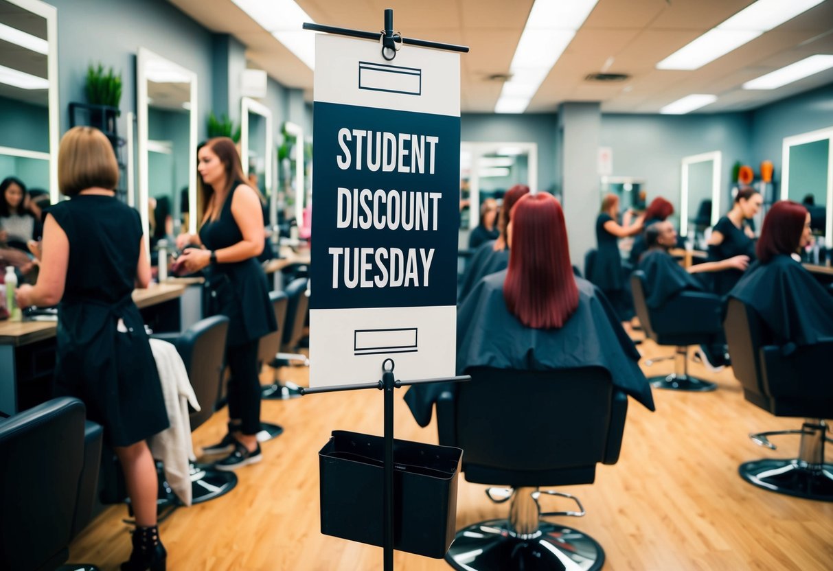 A bustling hair salon with a "Student Discount Tuesday" sign displayed prominently. Customers waiting, stylists busy at work, and a lively atmosphere