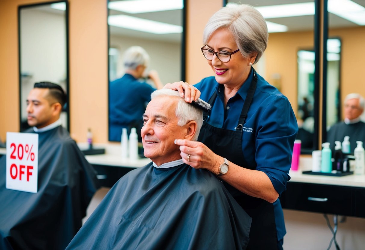 A senior citizen receiving a haircut in a salon with a 20% off promotion sign displayed