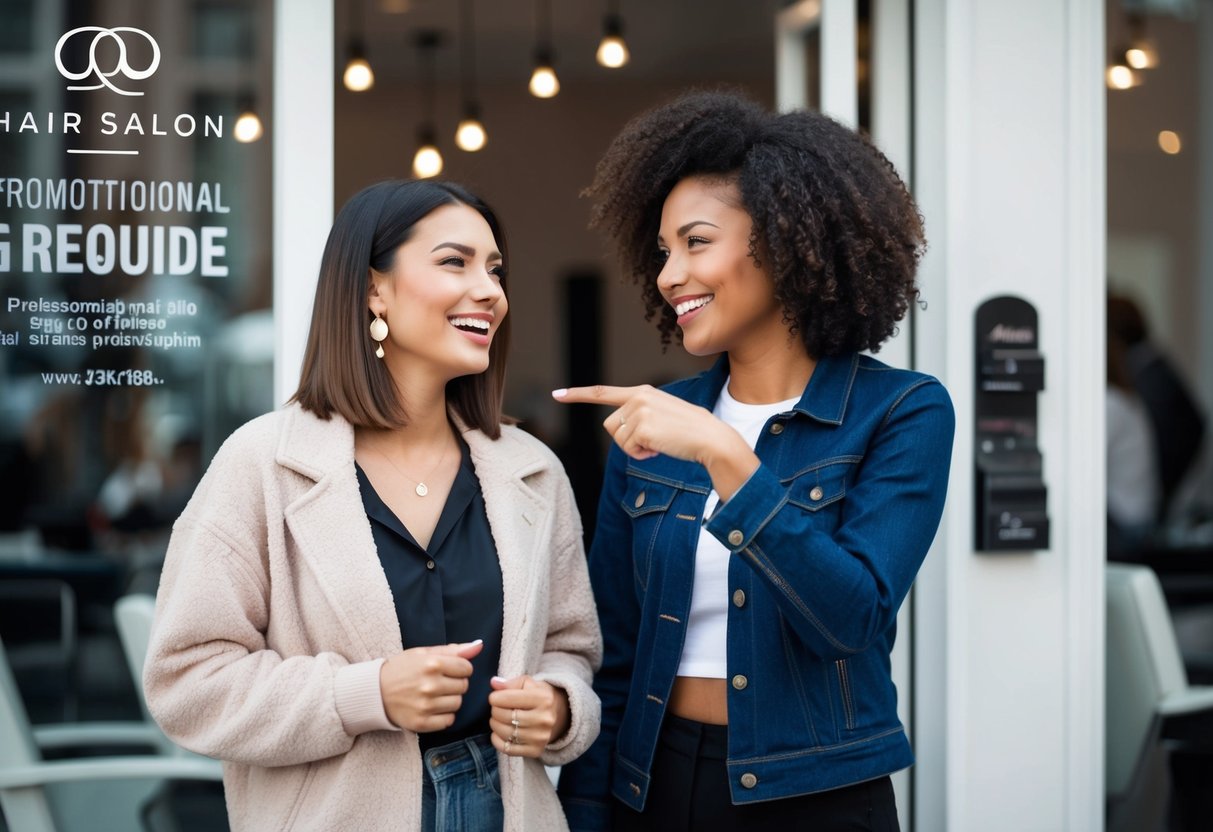 Two friends smiling and chatting outside a hair salon, one gesturing to the promotional sign