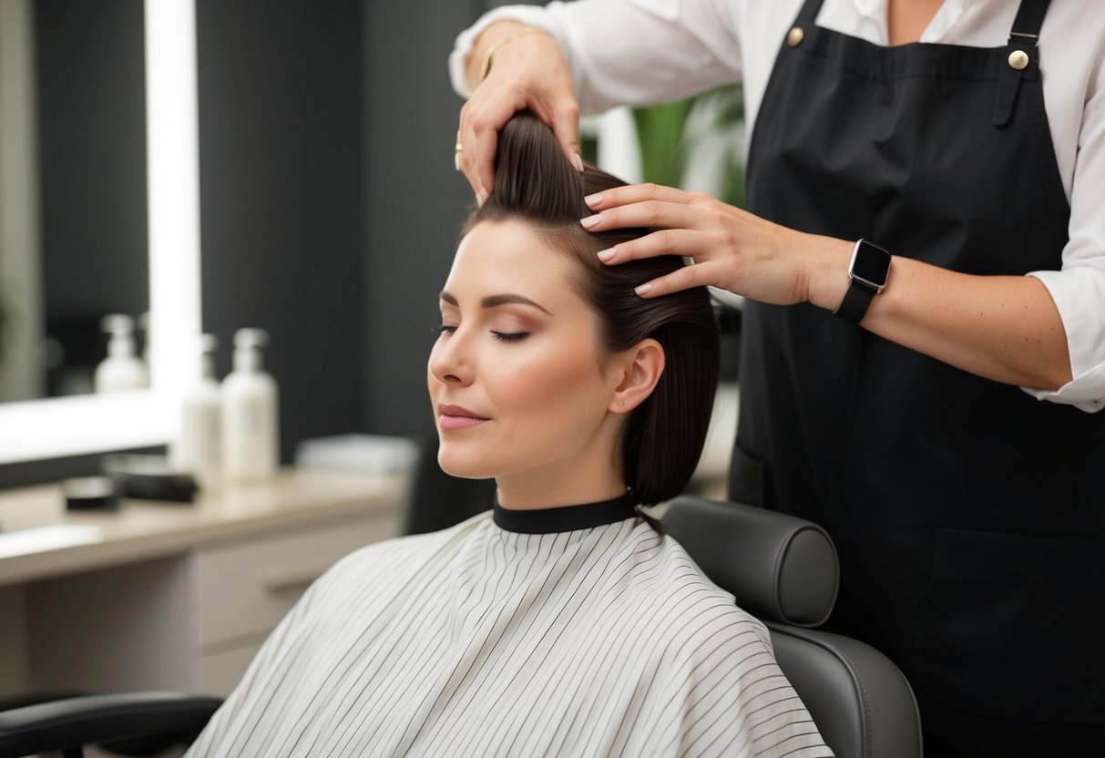 A person reclines in a salon chair as a stylist massages their scalp with gentle, circular motions. Soft lighting and soothing music create a tranquil atmosphere