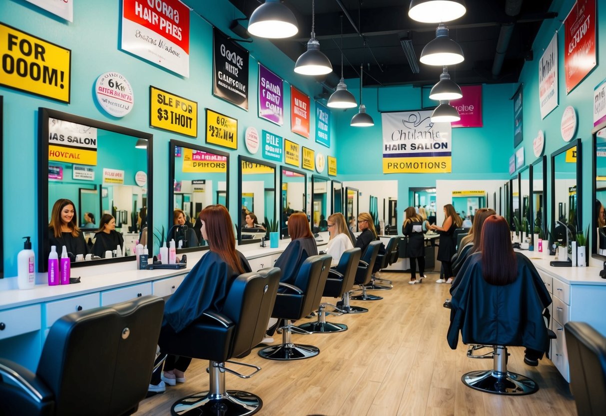 A vibrant hair salon with colorful promotional signs and banners displayed throughout the space. The salon is bustling with clients taking advantage of the various promotions offered