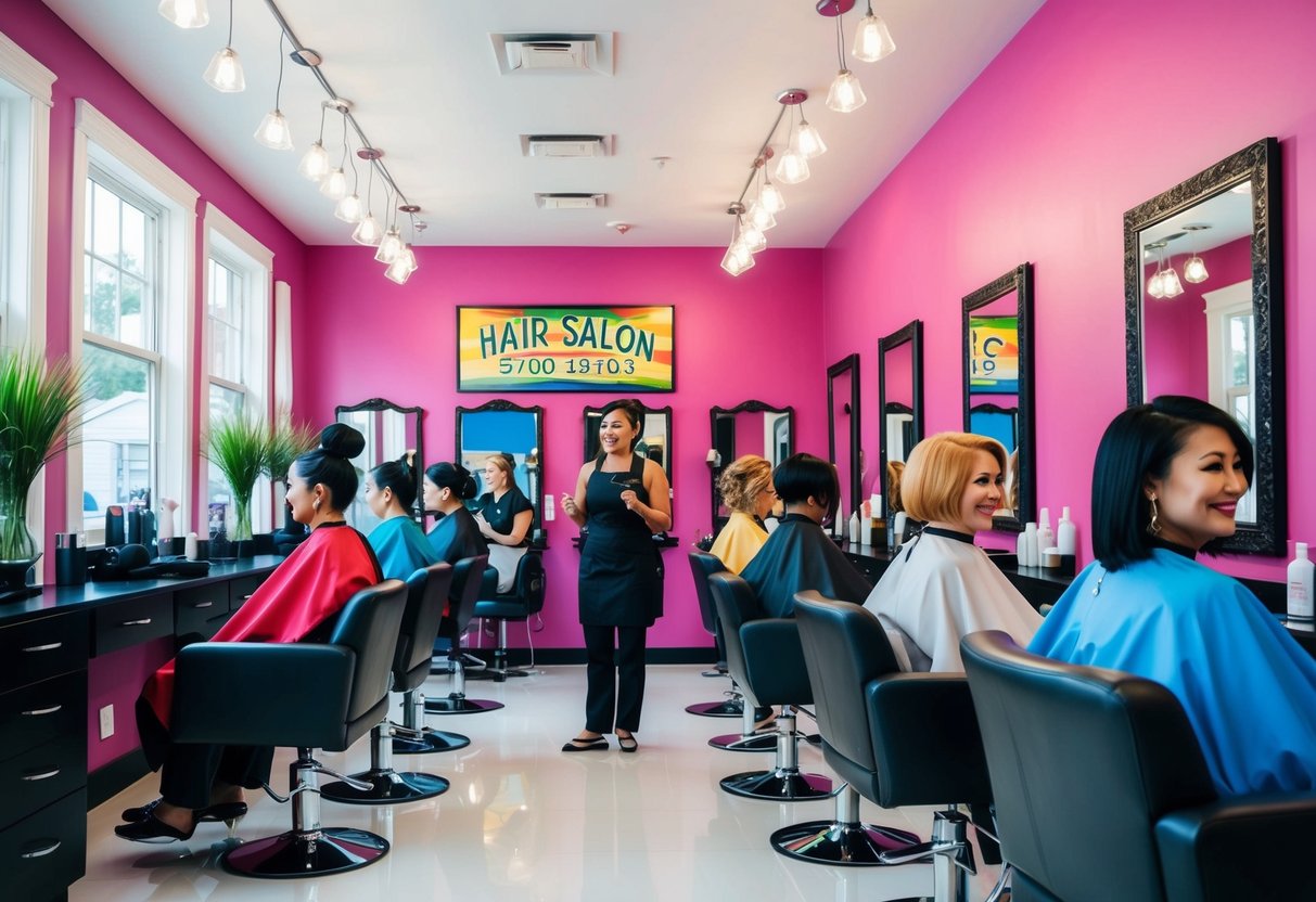 A vibrant hair salon with a colorful sign, busy stylists, and satisfied customers enjoying their new hairstyles