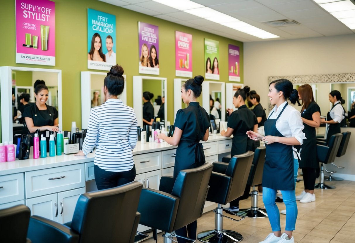 A busy salon with colorful promotions displayed on the walls and at the front desk. Customers and stylists interacting