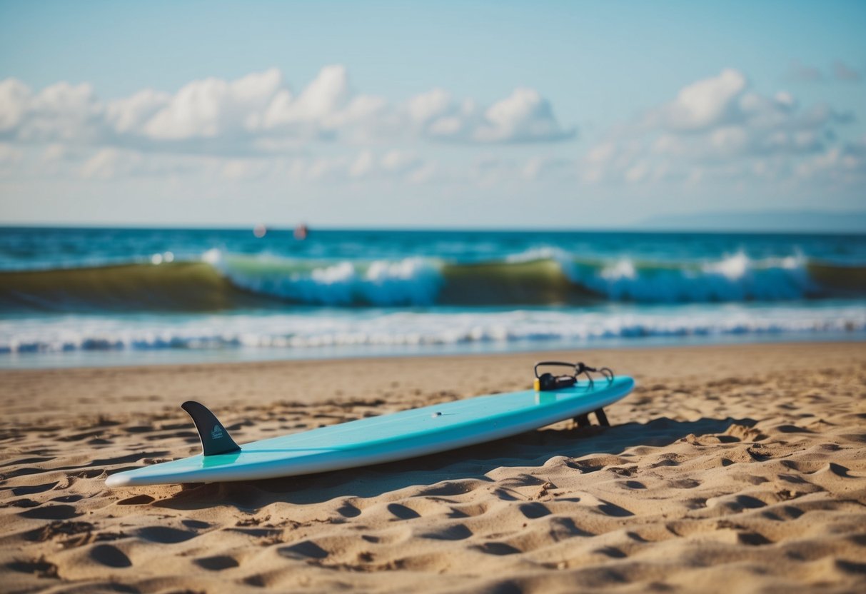 A beach scene with a surfboard and waves in the background