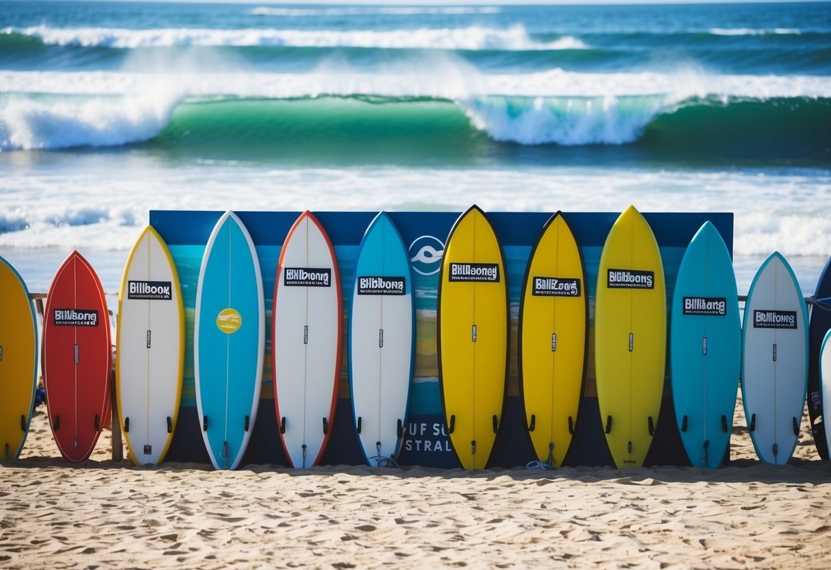 A sunny beach with crashing waves, surfboards lined up, and a colorful display of Billabong Australia's 'Surfer's Dream' Collection