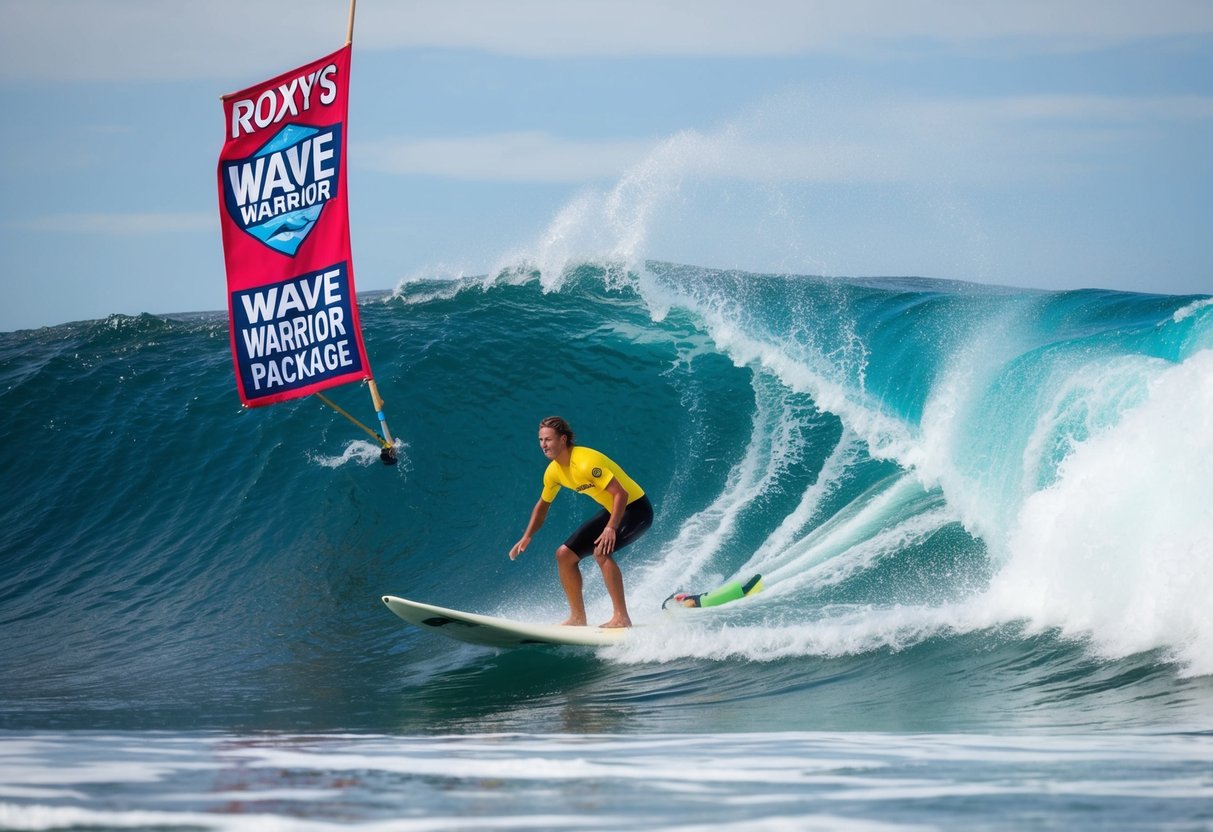 A surfer riding a big wave with a banner for "Roxy's Wave Warrior Package" in the background