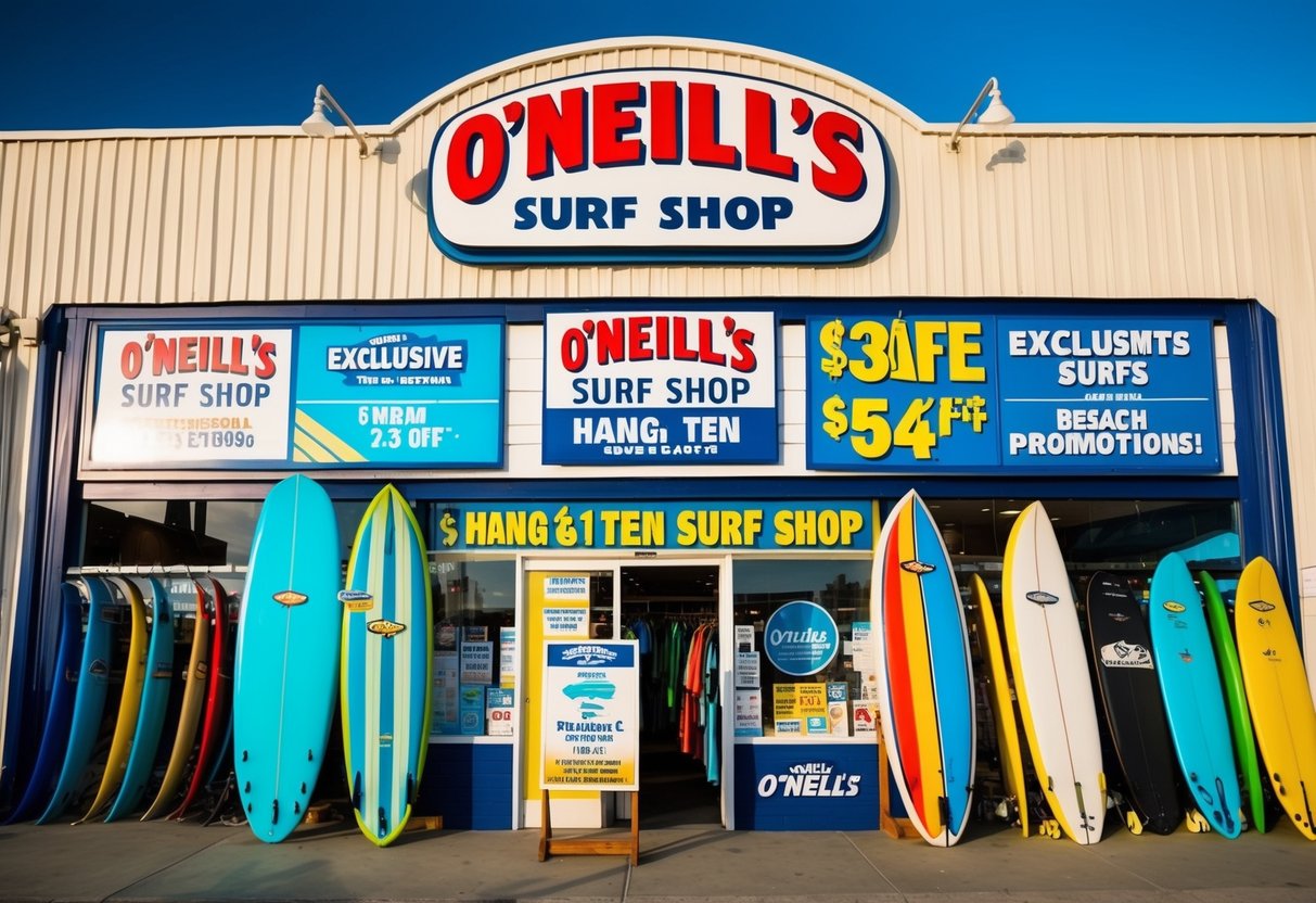 The vibrant O'Neill's Surf Shop displays exclusive discounts and hang ten promotions, with colorful surfboards and beachwear on display