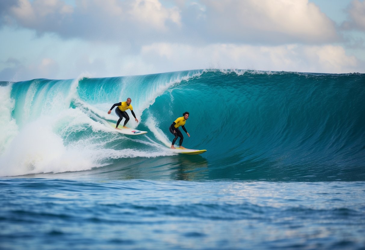 Surfers riding massive waves at Volcom's Endless Wave Experience