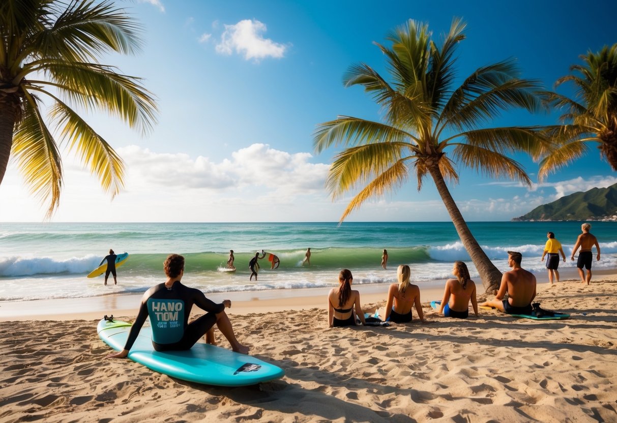A beach with palm trees, a surfboard with the Hang Ten Promotions logo, and a group of people enjoying the sun and waves
