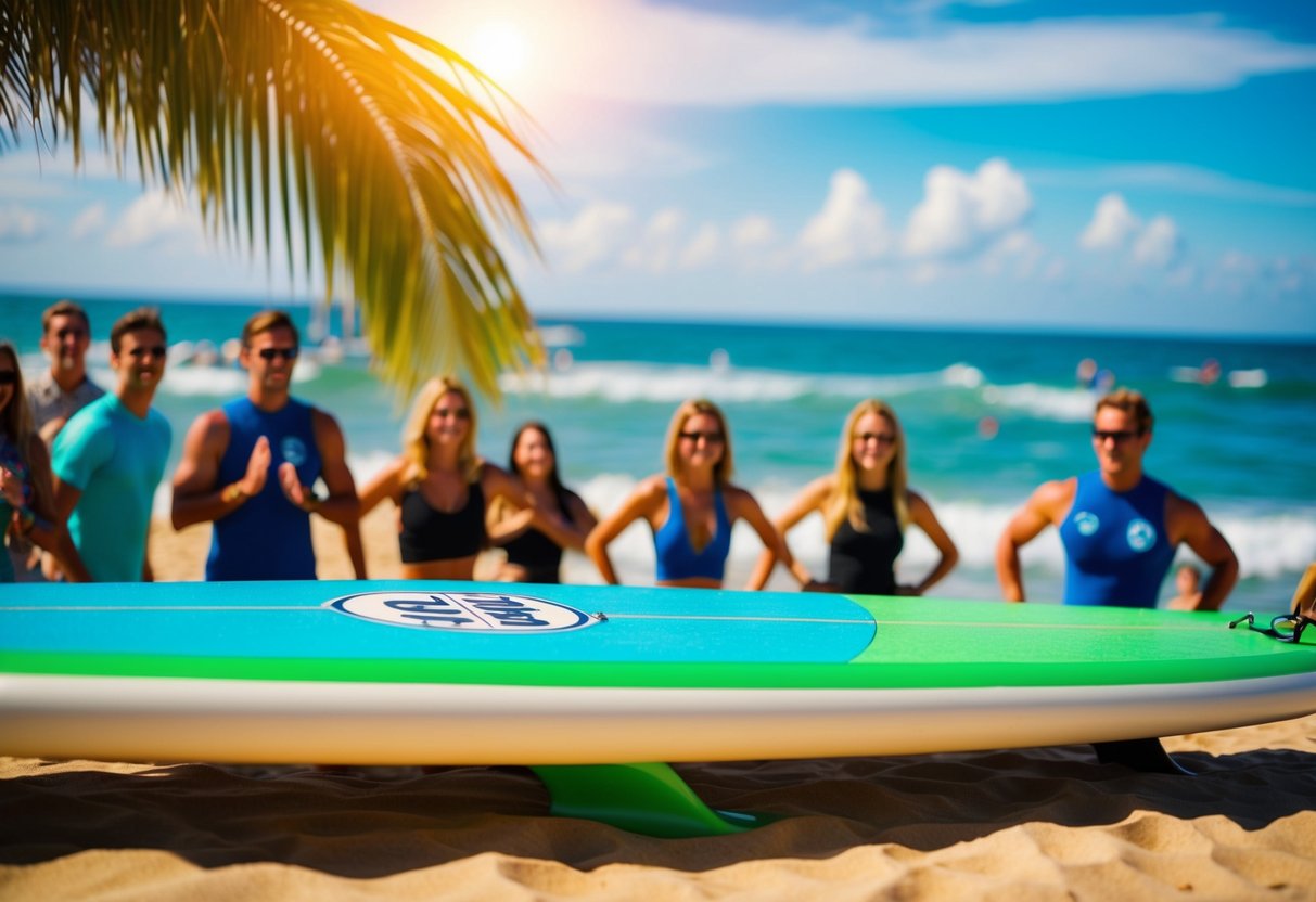 A surfboard with a sleek design and the company's logo prominently displayed, surrounded by vibrant beach scenery and a crowd of enthusiastic onlookers