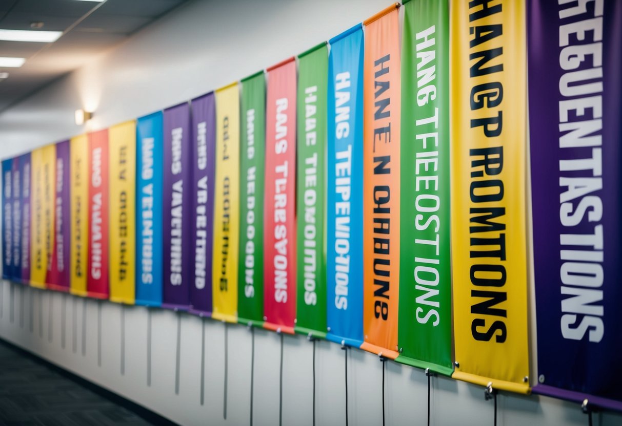 A row of colorful banners with "Frequently Asked Questions" and "Hang Ten Promotions" displayed in bold lettering
