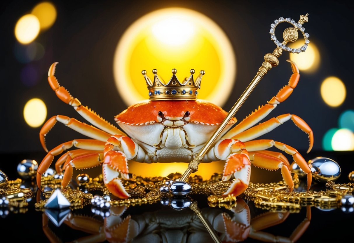 A majestic crab wearing a crown and holding a scepter, surrounded by shining treasures and a glowing halo